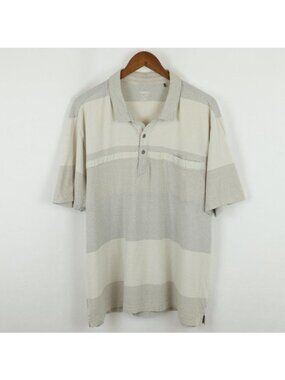 Toad&Co Jack Men's XL Tan Gray Striped Short Sleeve Pocket Jersey Polo Shirt